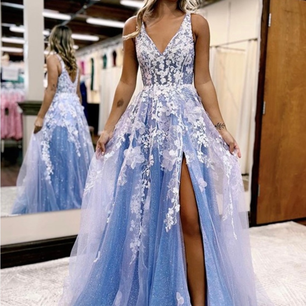 Brand New Hand Stitched Blue Hebeos Long dress with slit, Never Worn